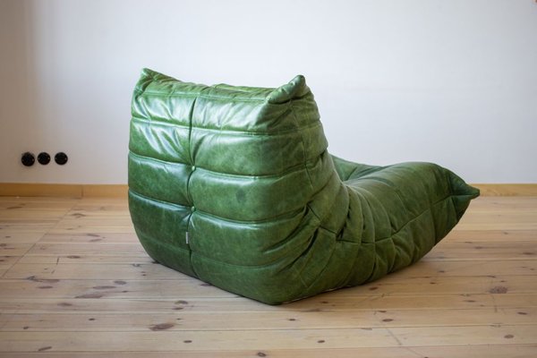 Dubai Green Leather Togo Lounge Chair and Pouf by Michel Ducaroy