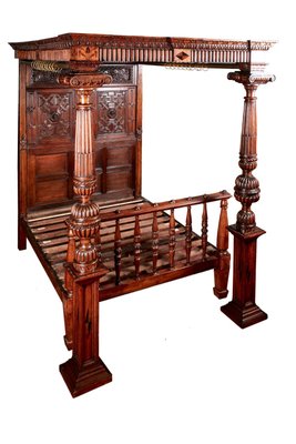 Antique Victorian Carved Oak Marquetry Inlaid 4 Poster Bed For Antique Victorian Carved Oak