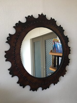 Vintage Round Leather Frame Mirror, Vintage Mirror With Chain