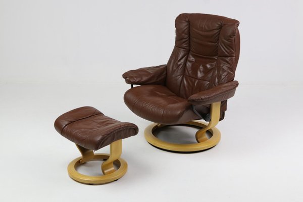 Relax Armchair With Ottoman In Brown Leather From Ekornes Set Of