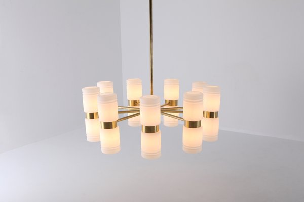 Brass and Blue Glass Tube Chandelier by Hans Agne Jakobsson Brass and Blue Glass Tube Chandelier by Hans Agne Jakobsson