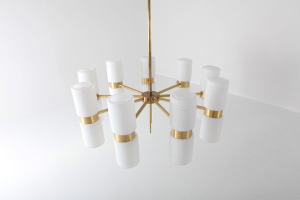 Brass and Blue Glass Tube Chandelier by Hans Agne Jakobsson Brass and Blue Glass Tube Chandelier by Hans Agne Jakobsson