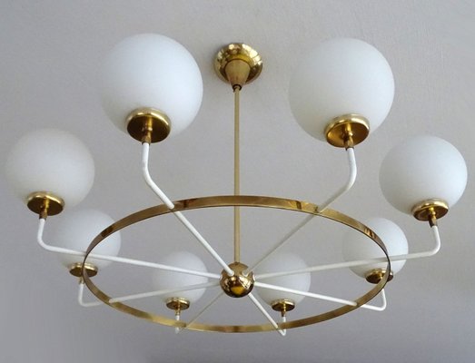 Chandelier by Stilnovo in metal, brass & glass, 1950s | #65841 Chandelier by Stilnovo in metal, brass & glass, 1950s | #65841