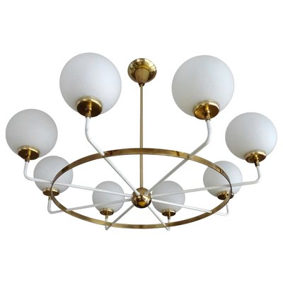 Chandelier by Stilnovo in metal, brass & glass, 1950s | #65841 Chandelier by Stilnovo in metal, brass & glass, 1950s | #65841