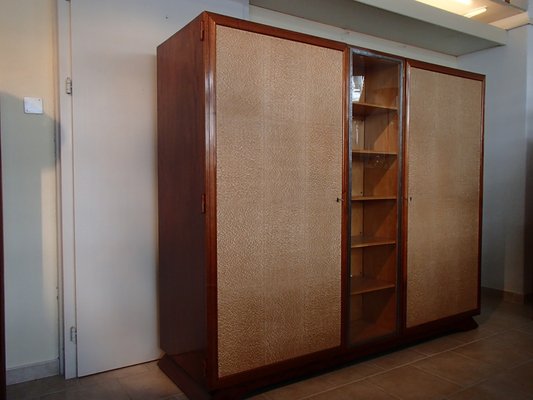 Rosewood Cabinet with Showcase Framed in Wrought Iron Doors with Raylike Plastic Cover 1930s