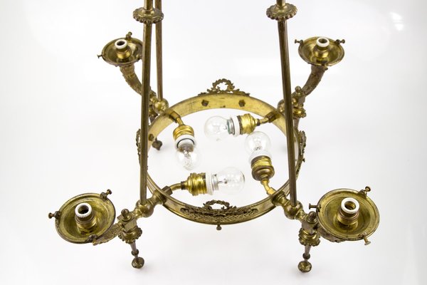 Antique Empire Style French Bronze and Frosted Flame Glass Chandelier Antique Empire Style French Bronze and Frosted Flame Glass Chandelier