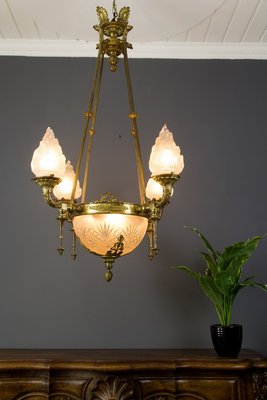 Antique Empire Style French Bronze and Frosted Flame Glass Chandelier Antique Empire Style French Bronze and Frosted Flame Glass Chandelier