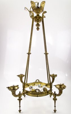 Antique Empire Style French Bronze and Frosted Flame Glass Chandelier Antique Empire Style French Bronze and Frosted Flame Glass Chandelier