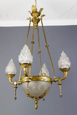 Antique Empire Style French Bronze and Frosted Flame Glass Chandelier Antique Empire Style French Bronze and Frosted Flame Glass Chandelier