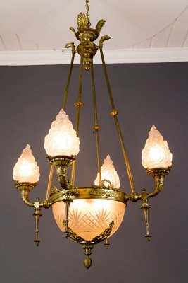 Antique Empire Style French Bronze and Frosted Flame Glass Chandelier Antique Empire Style French Bronze and Frosted Flame Glass Chandelier