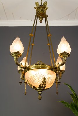 Antique Empire Style French Bronze and Frosted Flame Glass Chandelier Antique Empire Style French Bronze and Frosted Flame Glass Chandelier
