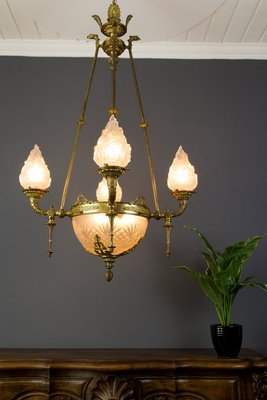 Antique Empire Style French Bronze and Frosted Flame Glass Chandelier Antique Empire Style French Bronze and Frosted Flame Glass Chandelier