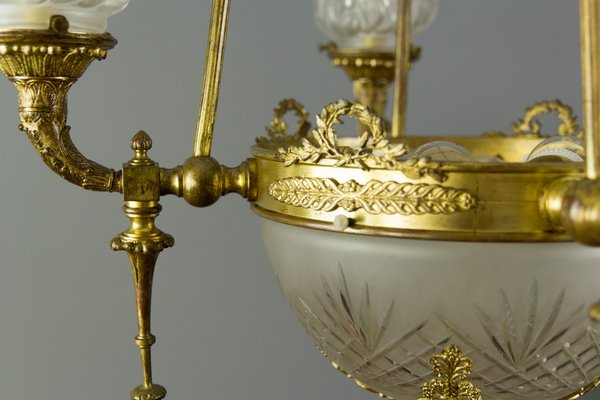 Antique Empire Style French Bronze and Frosted Flame Glass Chandelier Antique Empire Style French Bronze and Frosted Flame Glass Chandelier