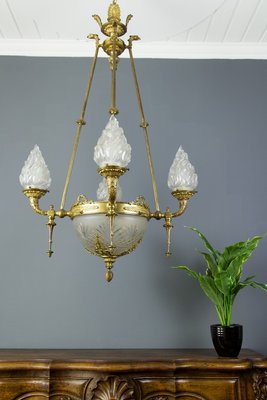 Antique Empire Style French Bronze and Frosted Flame Glass Chandelier Antique Empire Style French Bronze and Frosted Flame Glass Chandelier
