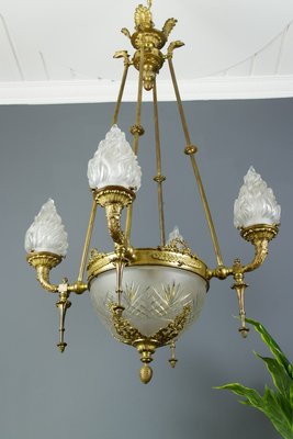 Antique Empire Style French Bronze and Frosted Flame Glass Chandelier Antique Empire Style French Bronze and Frosted Flame Glass Chandelier