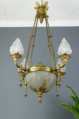 Antique Empire Style French Bronze and Frosted Flame Glass Chandelier Antique Empire Style French Bronze and Frosted Flame Glass Chandelier