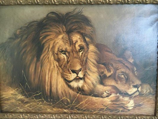 Tableau Toile 5 Pièces Lion Et Oursons - Décoration Murale Animaux - Neuf