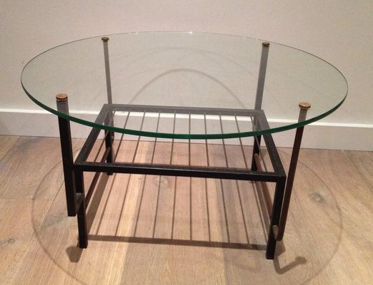 French Black Lacquered Metal And Brass, Round Black Iron Coffee Table With Glass Top