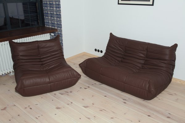 Mindful Variant fire gange Madras Brown Leather Togo Sofa & Lounge Chair by Michel Ducaroy for Ligne  Roset, 1970s, Set of 2 for sale at Pamono