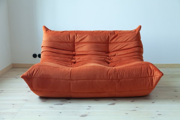 Orange Velvet Togo Sofa & Lounge Chair by Michel Ducaroy for Ligne Roset,  1970s, Set of 2 for sale at Pamono