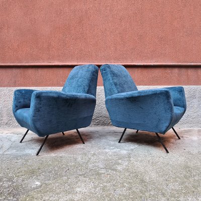 Italian Blue Velvet And Metal Lounge Chairs 1960s Set Of 2 For Sale At Pamono