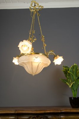Antique Gilt Bronze and Frosted Glass Chandelier, 1920s Antique Gilt Bronze and Frosted Glass Chandelier, 1920s