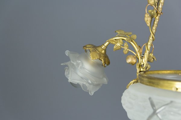 Antique Gilt Bronze and Frosted Glass Chandelier, 1920s Antique Gilt Bronze and Frosted Glass Chandelier, 1920s