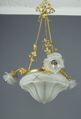 Antique Gilt Bronze and Frosted Glass Chandelier, 1920s Antique Gilt Bronze and Frosted Glass Chandelier, 1920s