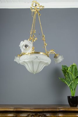 Antique Gilt Bronze and Frosted Glass Chandelier, 1920s Antique Gilt Bronze and Frosted Glass Chandelier, 1920s
