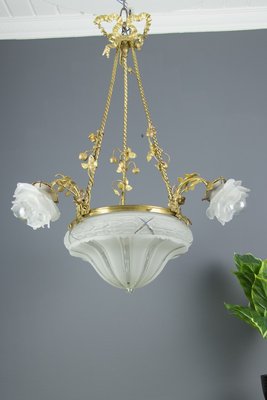Antique Gilt Bronze and Frosted Glass Chandelier, 1920s Antique Gilt Bronze and Frosted Glass Chandelier, 1920s