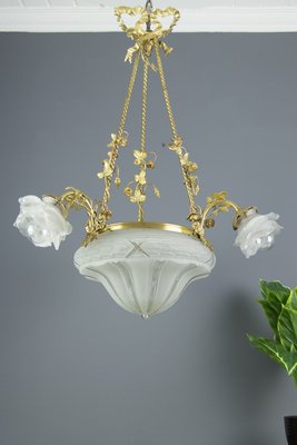 Antique Gilt Bronze and Frosted Glass Chandelier, 1920s Antique Gilt Bronze and Frosted Glass Chandelier, 1920s