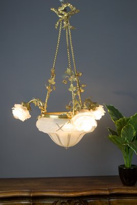 Antique Gilt Bronze and Frosted Glass Chandelier, 1920s Antique Gilt Bronze and Frosted Glass Chandelier, 1920s