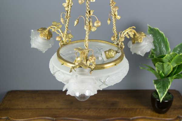 Antique Gilt Bronze and Frosted Glass Chandelier, 1920s Antique Gilt Bronze and Frosted Glass Chandelier, 1920s