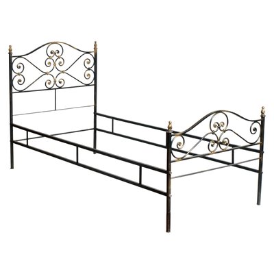 Vintage Italian Black and Gold Painted Wrought Iron Single Bed 1950s