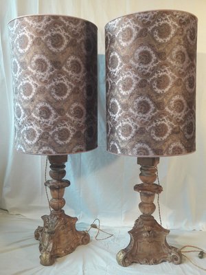 Mid Century Carved Wooden Table Lamps, Vintage Wooden Carved Table Lamps