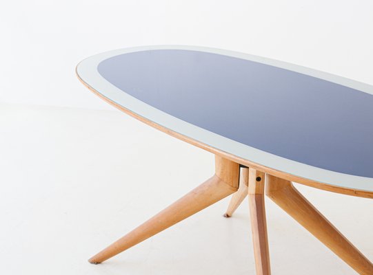 Italian Elliptical Light Wood And Blue Glass Dining Table 1950s For Sale At Pamono