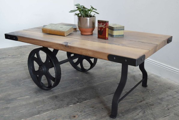Industrial Trolley Coffee Table 1930s, Old Wooden Cart Coffee Table