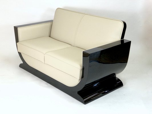 Leather And Black Lacquer From Adm Art, Deco Style Leather Sofa