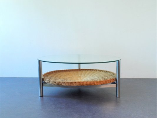 Vintage Dutch Metal Wicker and Glass Coffee Table