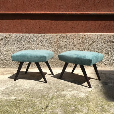 Italian Aquamarine Velvet And Dark Wood Ottomans 1950s Set Of 2 For Sale At Pamono
