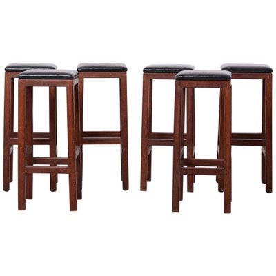 Mid Century Modern Wood And Leather Barstools 1960s Set Of 6 For Sale At Pamono