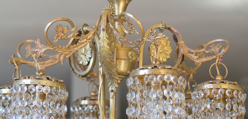 Vintage Art Nouveau Style Italian Brass, Swarovski Crystal Classic Chandelier Light In Golden Brown