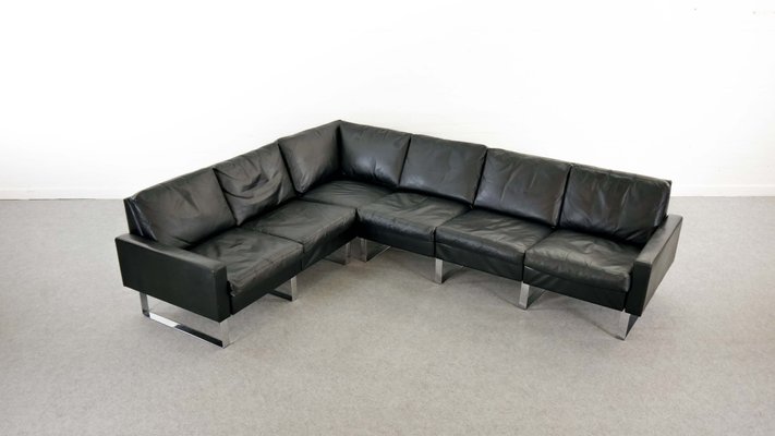 German Black Leather Modular Conseta, Black Leather Chaise Lounge Sofa