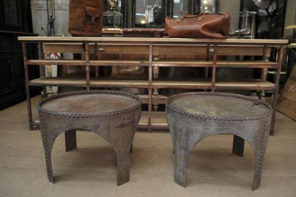 Antique Industrial Round Riveted Metal Coffee Table For Sale At Pamono