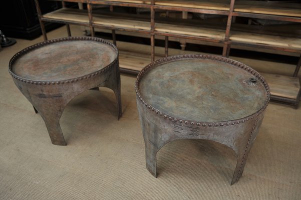 Antique Industrial Round Riveted Metal Coffee Tables Set Of 2 For Sale At Pamono