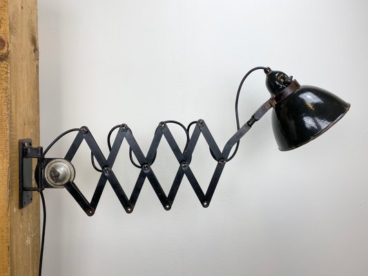 Vintage Industrial Black Enamel Scissor Wall Lamp, 1930s Vintage Industrial Black Enamel Scissor Wall Lamp, 1930s