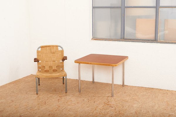 Vintage Chrome Plated Metal Wood And Red Linoleum Side Table By