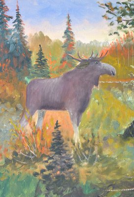 Mid Century Landscape With Moose Oil Painting By Folke Svenson