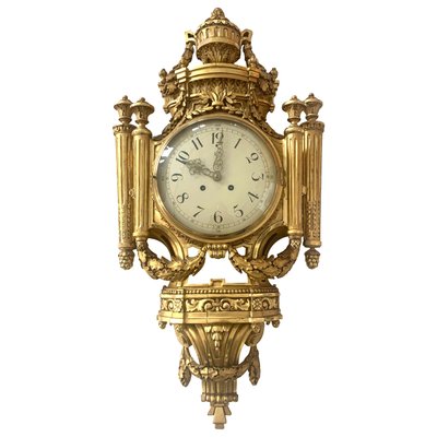 Wall Clocks Antique Louis XVI Style Wall Clock in Gold-Plate Enamel and Brass, France  for sale at Pamono