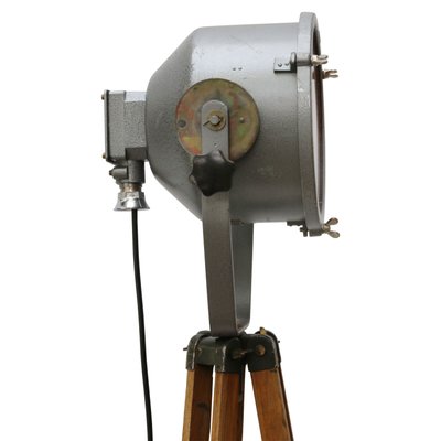 Vintage Industrial Tripod Gray Metal Mirror And Wooden Floor Lamp